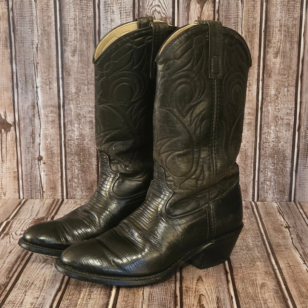 Sz 7 D Mens Acme C1276 Black Teju Lizard Leather Western Cowboy Boots